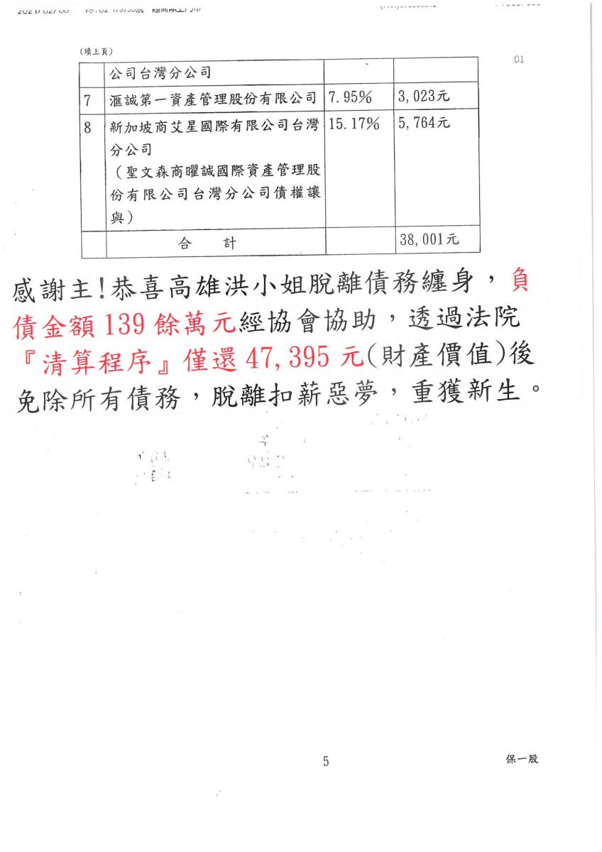 清算免責成功 高雄地方法院 109年度消債職聲免字第69號 法律輔導協會 免費諮詢 0800 885 388